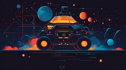 Futuristic rover exploring alien planet surface, space, stars, illustration for science fiction