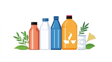 Colorful assortment of beverage bottles and cans with greenery, showcasing eco-friendly packaging