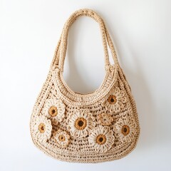 White, green and beige handmade crochet bags on a green and white background. Fashion, accessory, craft, design, knitting
