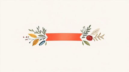 Decorative banner with floral elements and a vibrant red ribbon on a light background