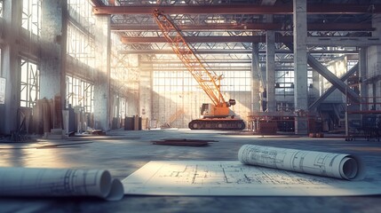 Naklejka premium Sunlit industrial warehouse interior with blueprints and crane.