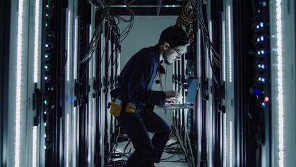 It engineer is diligently working on his laptop, meticulously examining server racks within a state-of-the-art data center, ensuring optimal network performance and connectivity