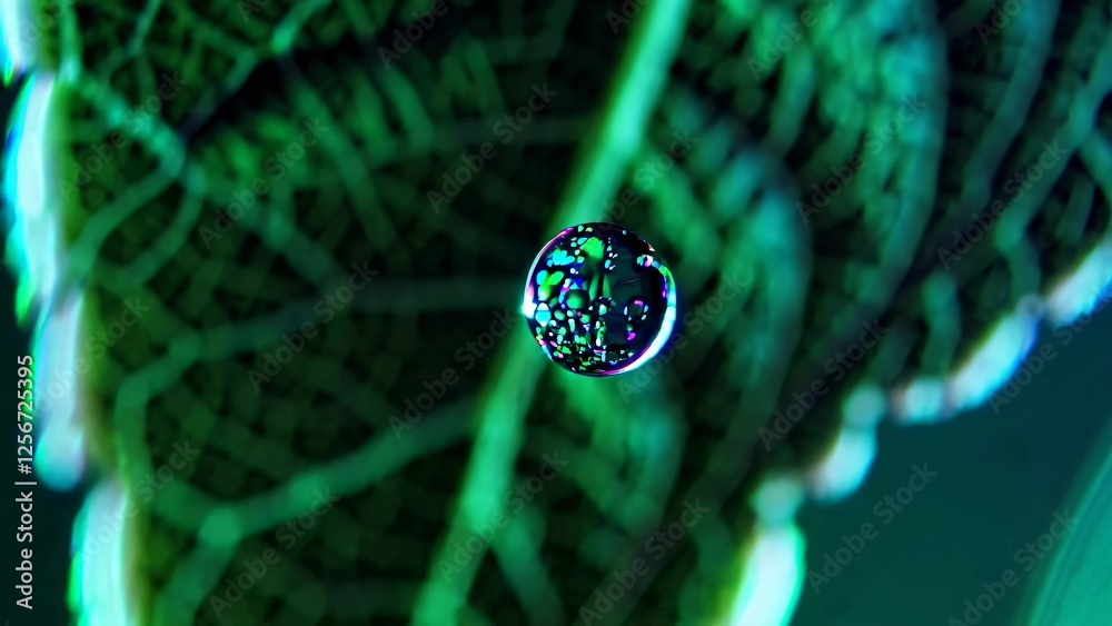 Poster macro close-up of a soap bubble with rainbow reflections floating in front of a blurry green leaf, c