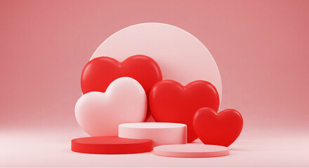 Heart 3D background podium balloon pink day display love happy valentine platform gift party. Product stand 3D background heart stage sale birthday emoji mom icon scene concept mother anniversary.