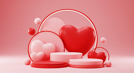 Heart 3D background podium balloon pink day display love happy valentine platform gift party. Product stand 3D background heart stage sale birthday emoji mom icon scene concept mother anniversary.
