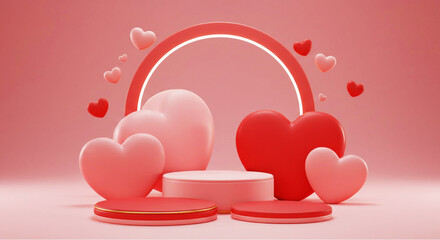 Heart 3D background podium balloon pink day display love happy valentine platform gift party. Product stand 3D background heart stage sale birthday emoji mom icon scene concept mother anniversary.