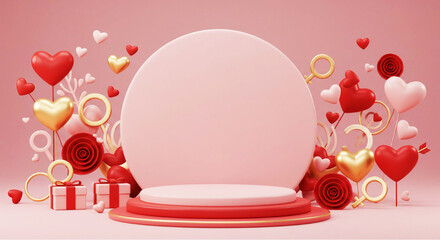 Heart 3D background podium balloon pink day display love happy valentine platform gift party. Product stand 3D background heart stage sale birthday emoji mom icon scene concept mother anniversary.