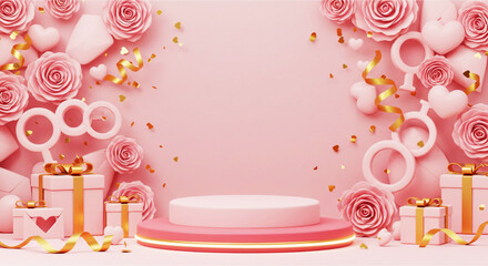 Heart 3D background podium balloon pink day display love happy valentine platform gift party. Product stand 3D background heart stage sale birthday emoji mom icon scene concept mother anniversary.