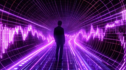 A Man Walking Through a Neon Purple Data Tunnel