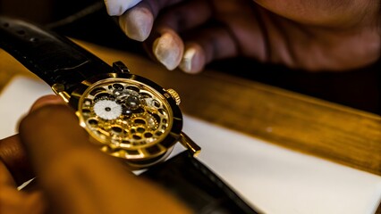 Close up of a high end mechanical watch with intri