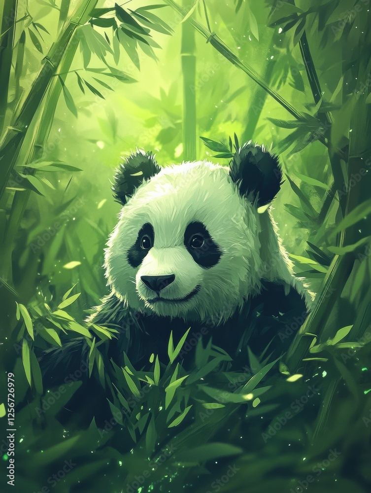 Fototapete panda in a bamboo forest with soft sunlight illuminating its playful nature in a serene setting. gen