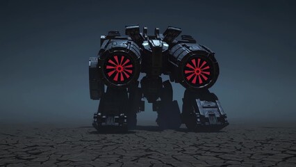 Powerful futuristic robot with glowing red turbines towering over cracked, dry earth, creating a striking and otherworldly atmosphere in a desolate landscape