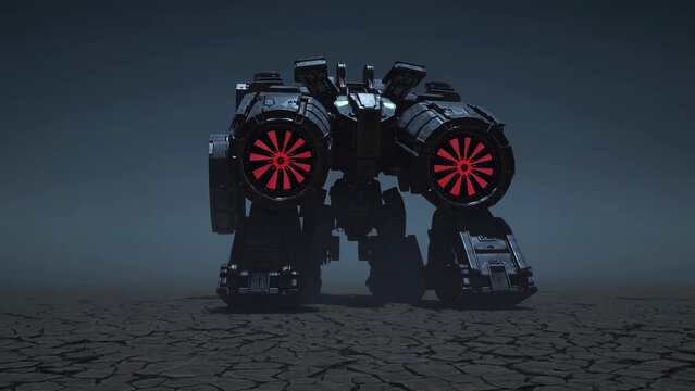 Powerful futuristic robot with glowing red turbines towering over cracked, dry earth, creating a striking and otherworldly atmosphere in a desolate landscape