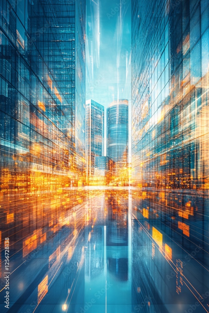 Poster cityscape at twilight with data flowing between buildings, symbolizing the concept of a smart city