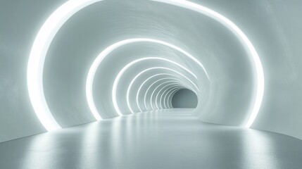 Obraz premium Futuristic tunnel with glowing light circles, leading into a dark space. Empty, modern, and sleek architectural design.