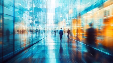 Business people are walking in a modern office corridor with motion blur effect