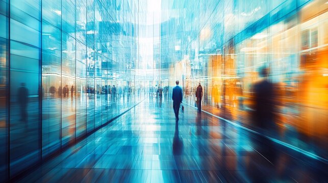 Business people are walking in a modern office corridor with motion blur effect - Powered by Adobe