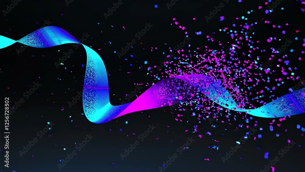 Canvas Prints bright, iridescent ribbon swirling and dissolving into colorful particles against a black backdrop, 