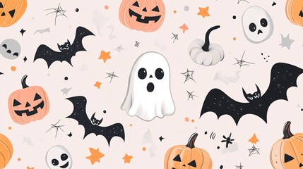 Seamless pattern with cute ghost, bats and pumpkins enjoying halloween party