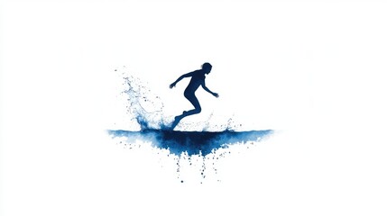 Silhouette of a person running on water with splashes in a serene, minimalist background