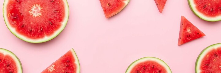 Ripe watermelon slices arranged in a colorful pop art pattern on a pink background with copy space,...