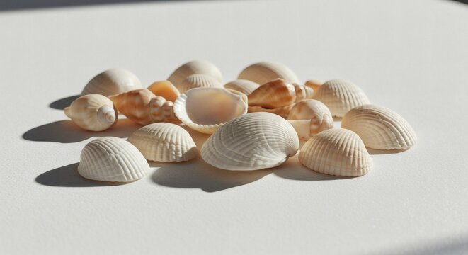 A Collection of Seashells Gracefully Arranged on White Canvas