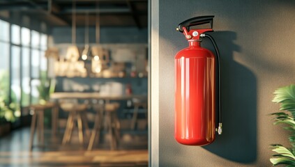 Red Fire Extinguisher in Modern Cafe Setting