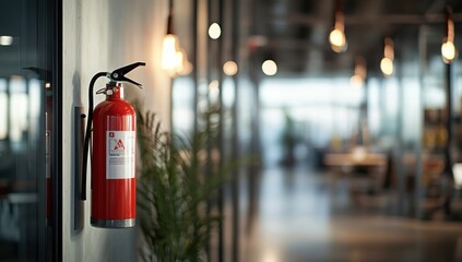 Red Fire Extinguisher in Modern Office Interior