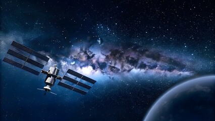 Naklejka premium Futuristic space station orbiting a distant exopla