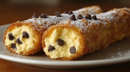 Delicious dessert rolls filled with creamy custard and topped with chocolate chips, served on a plate