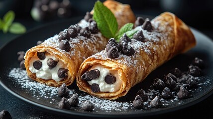 Delicious chocolate-filled crepes garnished with mint leaves and powdered sugar on a dark plate
