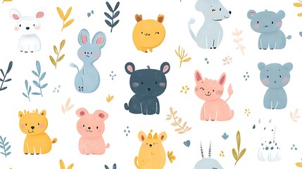 Fototapeta premium Adorable seamless pattern featuring cute cartoon animals and floral elements on white background.