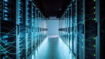 Fototapeta premium High tech server room with glowing blue data strea