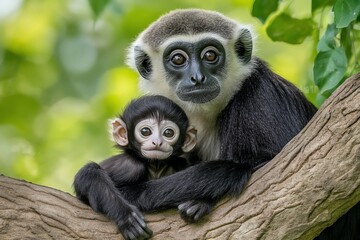 Obraz premium A mother monkey gently cradles her infant on a tree branch, amidst lush green foliage.