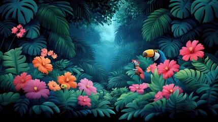 Vibrant tropical scene featuring lush foliage and colorful flowers with a toucan, evoking a serene jungle atmosphere