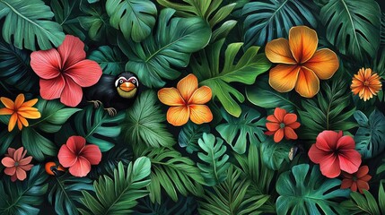 Vibrant tropical foliage with colorful flowers and a hidden bird, creating a lush, serene backdrop