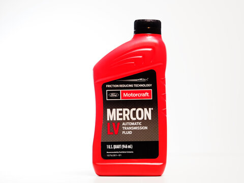 In this photo illustration, a bottle of Motorcraft Mercon LV ATF 0,946 L seen displayed.
