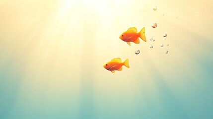 Two vibrant goldfish swimming gracefully in clear water, illuminated by soft sunlight rays