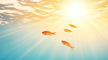 Underwater scene featuring golden fish swimming gracefully in sunlit blue water