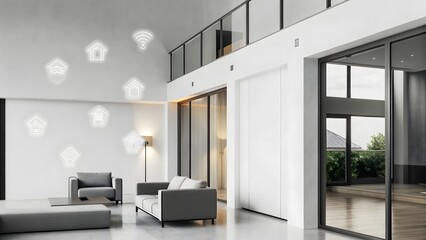 Minimalist smart home interior with holographic