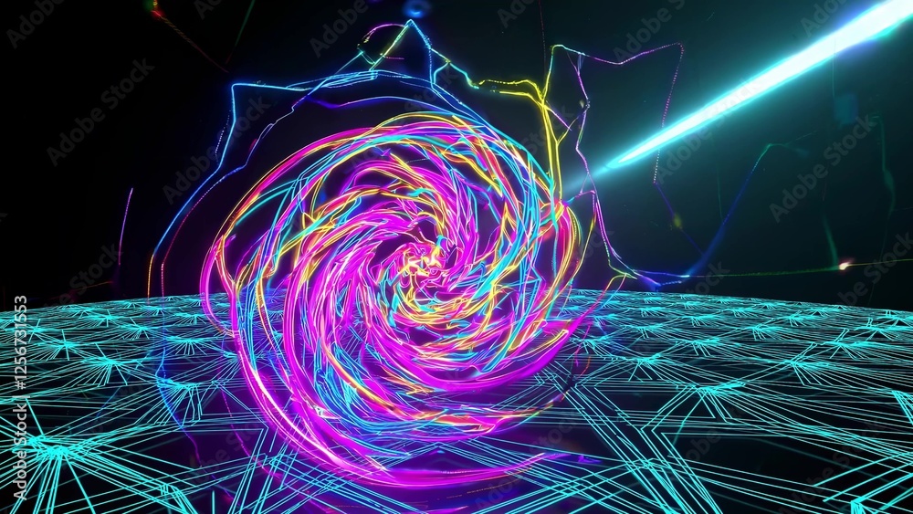 Wall mural colorful neon swirls glowing and rotating while light beams shine on a grid background, creating a v