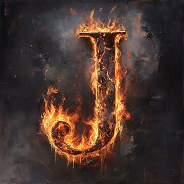 Burning letter j on dark grunge textured background