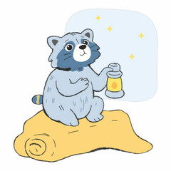 Illustration of a Raccoon Sitting on a Wooden Log with a Lantern, Perfect for Forest and Wildlife Designs