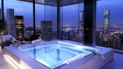 Luxurious penthouse bathroom with city view at night, featuring a modern soaking tub and floor-to-ceiling windows.
