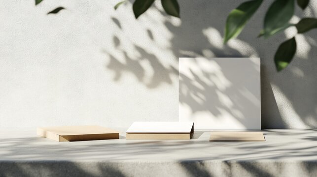 Mockup  Blank cards & canvas, sunlit wall, leaves