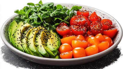 Fresh salad bowl featuring sliced avocado, cherry tomatoes, and arugula, ideal for healthy eating