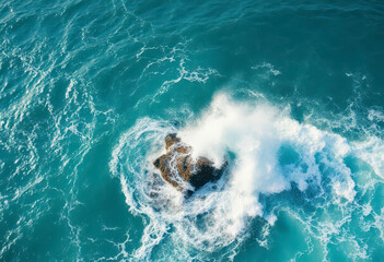 Turquoise waters churn around a rocky formation as strong waves crash, creating an impressive spray in a stunning coastal view.