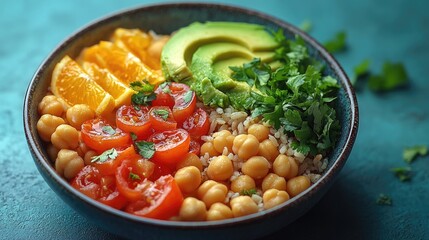 Colorful bowl of healthy chickpea salad with fresh vegetables and herbs on a vibrant background