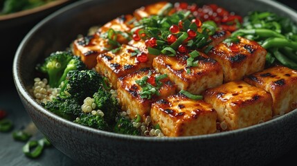 Grilled tofu with vibrant vegetables and quinoa served in a rustic bowl on a dark surface