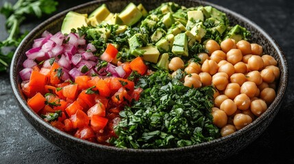 Colorful bowl of fresh chopped vegetables and chickpeas arranged aesthetically on a dark surface